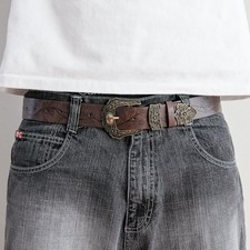 y2k Brown western floral tooled belt w/ bronze buckle flowers country, New