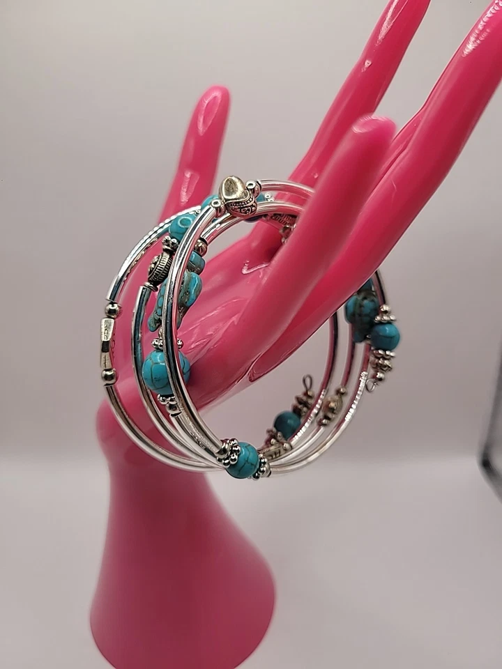 Pulsera Vintage Envoltura Tono Plata Azul Cuentas Tortugas Joyería Disfraz Foto 4 de 4