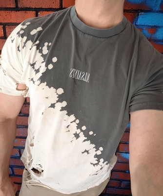 MEN'S TSHIRT: AllSaints Bleach Dip Distressed Thrashed Tee Gray White Raw Edge
