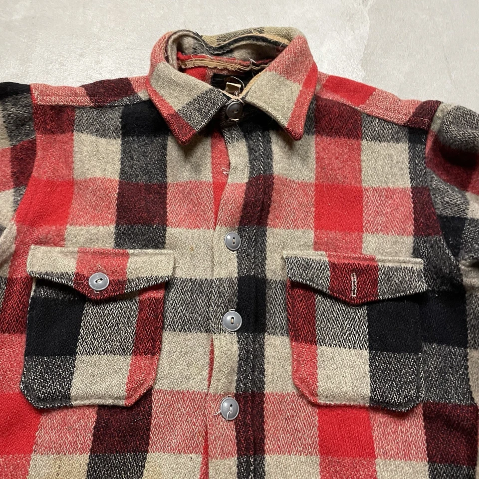 Vintage 50s LL Bean Flannel Shirt Jacket Heavy Wool M Script Logo Buffalo Red - Image 4 of 4