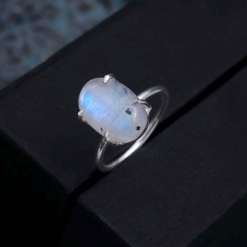 AAA-Qualität natürlicher blauer Regenbogen Mondstein oval 925 massiv Sterling Silber Ring - Bild 3 von 6