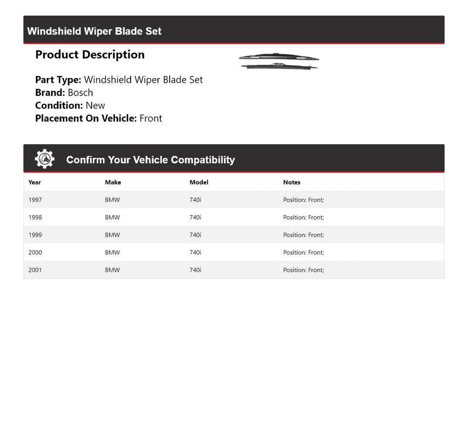 Juego de limpiaparabrisas delantero para BMW 740i Bosch 1997-2001 1998 1999 2000 Foto 2 de 3