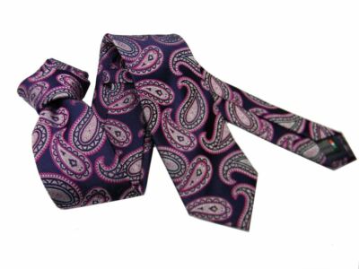 Blaue Paisley Krawatte groß fuchsia Cyclamen edel Herrenprodukt Seide 7 cm