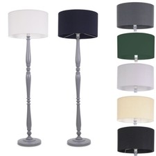Traditional Wooden Candle Stick Floor Lamp Grey Base Fabric Lampshade LED Bulb
