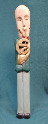 Old Vintage Spanish Hand Carved Wooden Figure Statue Musician Wood Carving Spain