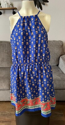 MINE Large Ladies Women Blue Hanky Bandanna Dress High Neck Boho Size L