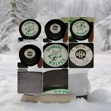 SUDBURY WOLVES 🐺 OHA VINTAGE  VICEROY MFG.  MADE IN CANADA 🇨🇦 OLD GAME PUCK