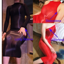 Unisex Oiled Shiny Glossy Silky Body stocking Sheer bodycon Shaping Long Dress
