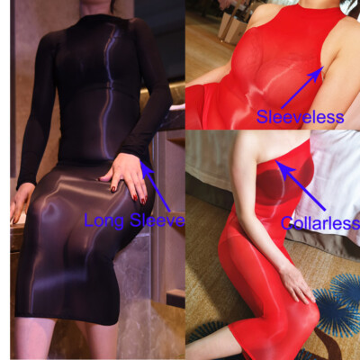 Unisex Oiled Shiny Glossy Silky Body stocking Sheer bodycon Shaping Long Dress