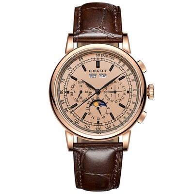 42mm Corgeut rose case coffee dial moon phase date multifunction automatic watch