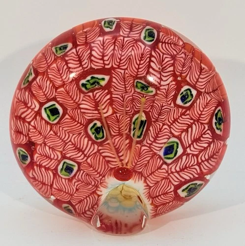 Millefiori Art Glass Peacock Paperweight Vintage Red Multi-color Murano Style 3"