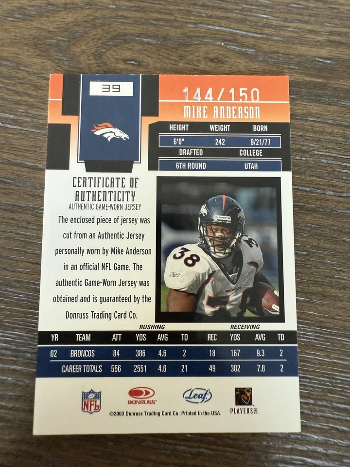 2003 Leaf Certified Materials #39 Mike Anderson Mirror Red #/150 - Image 2 of 2