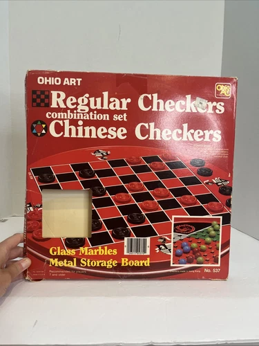 Vintage Ohio Art Chinese Checkers Board Tin 12.5” with checkers pieces no marble