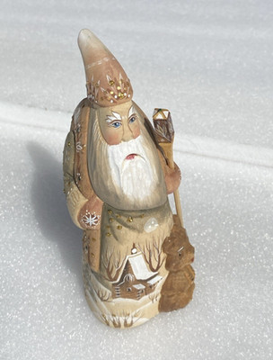 RUSSIAN Hand Carved One-piece wooden SANTA signed OM 6'' tall 2'' wide