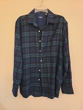 Izod Button Up Flannel Shirt L Dark Blue Plaid Cotton Long Sleeve Casual Mens