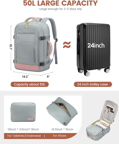 50L Reiserucksack für Frauen Fluggeprüft, Handgepäck Rucksack für Flugzeuge,  - Bild 2 von 12