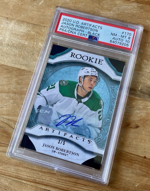JASON ROBERTSON 2020 U.D AUTO BLACK 3/5 #170 PSA 8/10 ROOKIE CARD 1st TEAM NHL📈