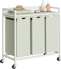 Image of 3 Section Laundry Basket with Shelf White Removable Bags Wheels 180L Modern