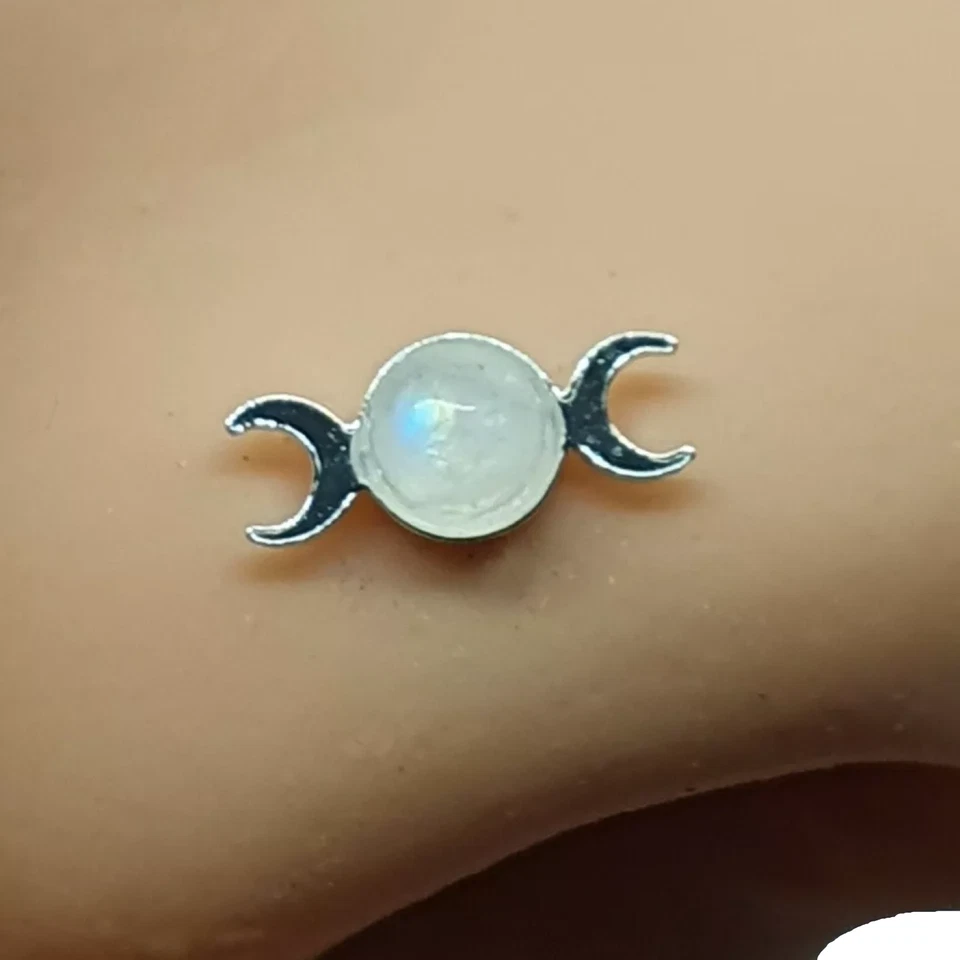 Borchia naso tripla luna pietra di luna 22 g (0,6 mm) argento 925 L spilla... - Immagine 2 di 4