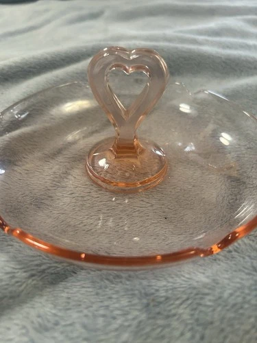 Vtg Pink Depression Glass Heart Handle Candy Serving Dish