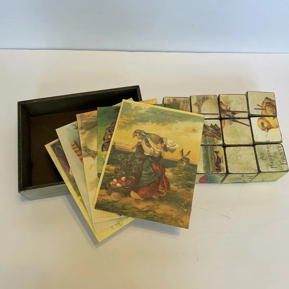 Block Puzzle ~ "A Happy Easter" ~ 12 Paper Covered Wood Blocks w/ Posters ~ Used - Image 2 of 4