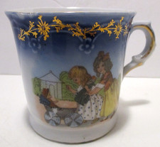 Antique Porcelain Cobalt Mug Children Girls W/ Dolls/ Buggy Made in Germany Cup
