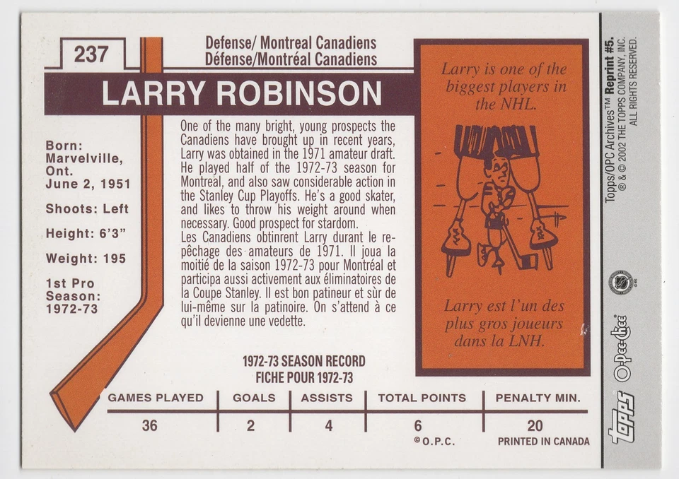 2001-02 Topps / OPC Archives Larry Robinson Rookie Card Reprint #5 Canadiens - Image 2 of 2