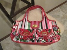 Isabella Fiore Purse Large 17" W Fabric Sequins  Red Leather Gold Buckles Nice
