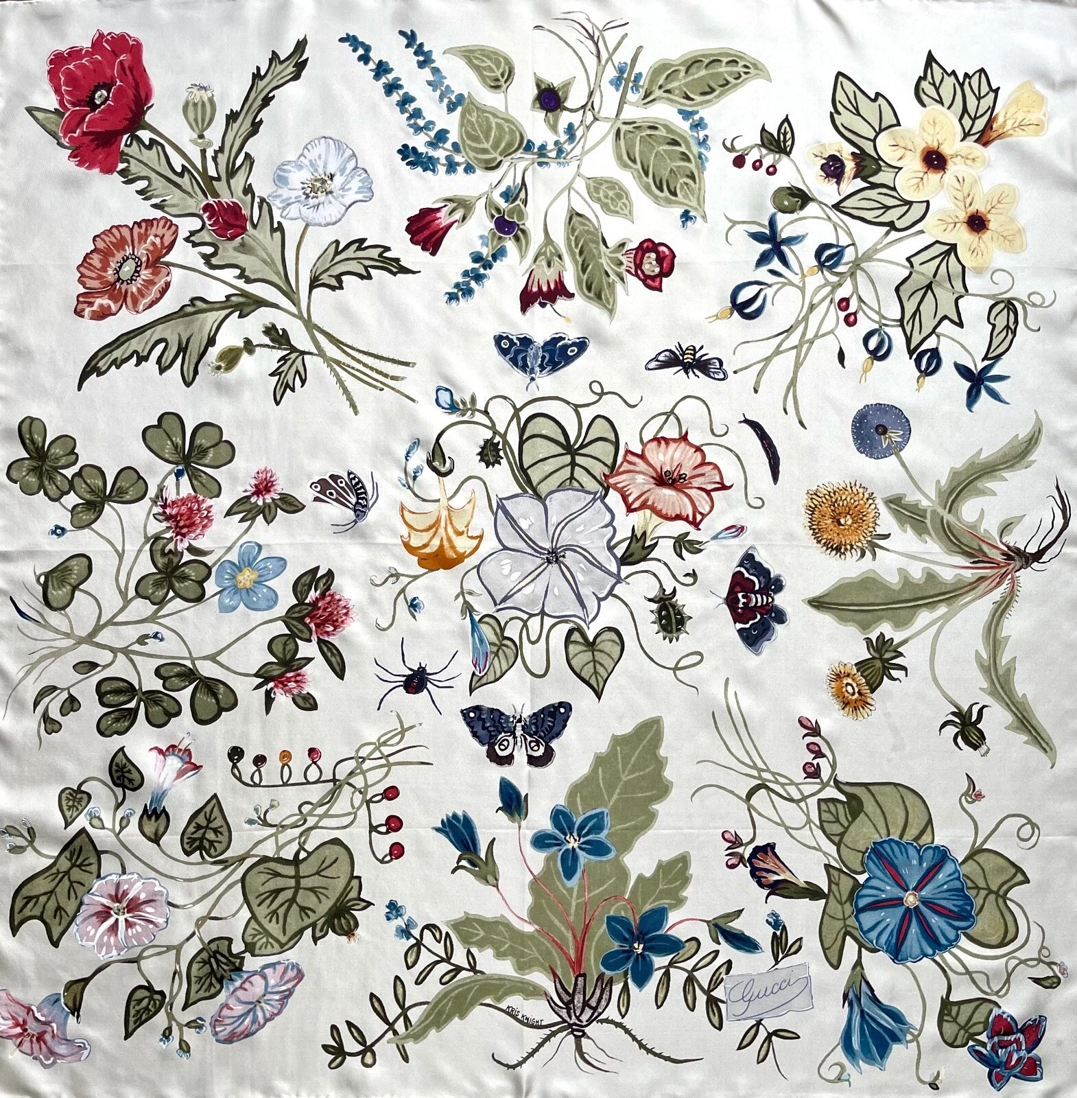 Nouvelle écharpe unisexe Gucci logo Kris Knight imprimé floral ivoire multicolore soie enveloppe