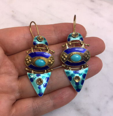 Vintage Chinese Export Sterling Silver Turquoise Blue Enamel Dangle Earrings 