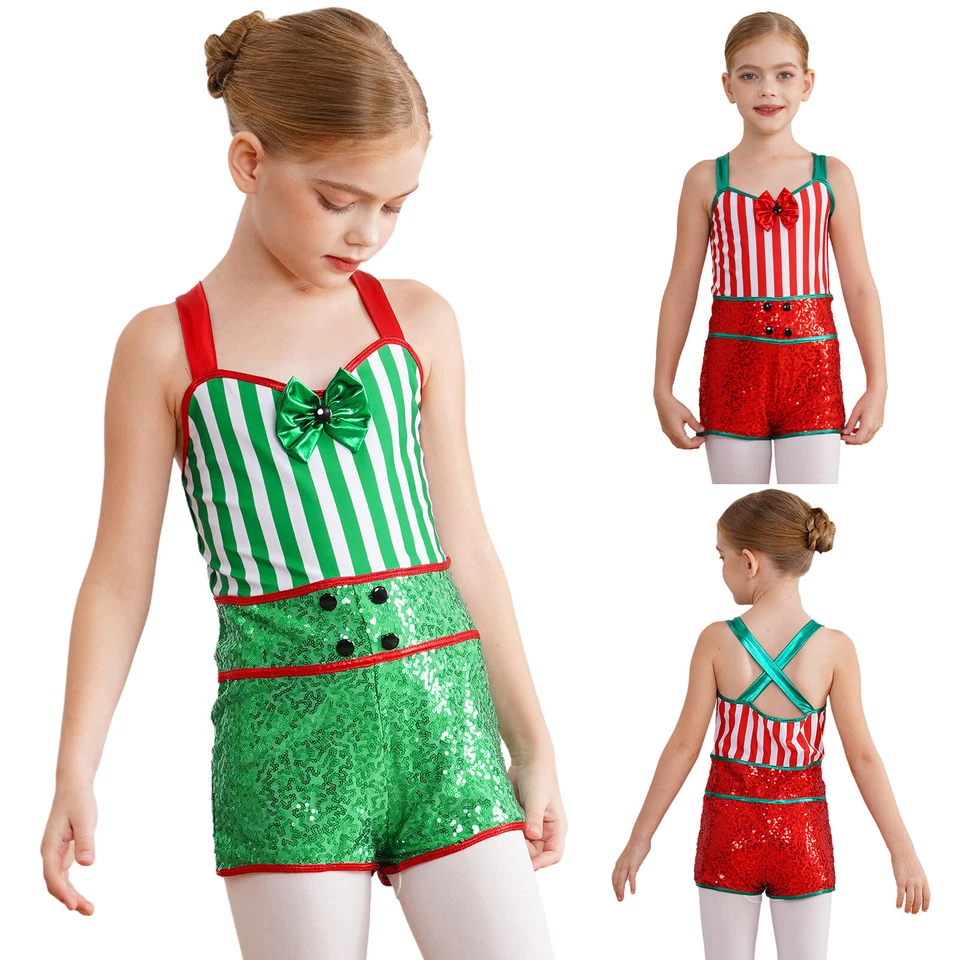 Girls Christmas Elf Costumes Candy Cane Striped Dance Leotard Unitard Gymnastics - Image 3 of 4