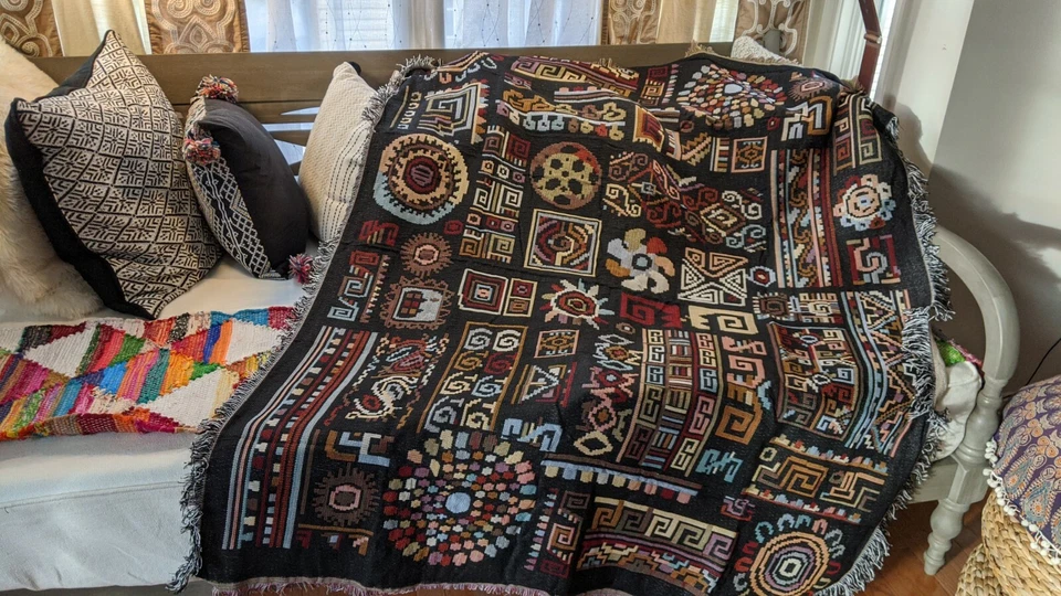 DaDa Bedding Ethnic Ornaments Geometric Black Tapestry Throw Blanket, 50" x 60" - Image 2 of 4