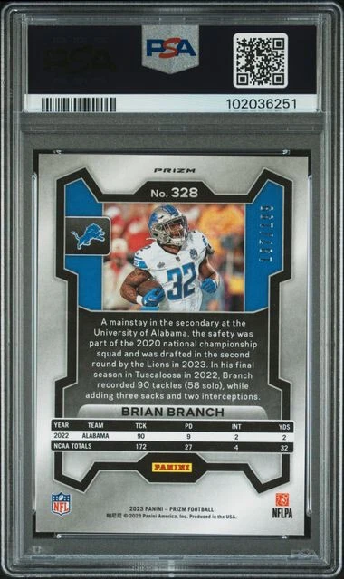 BRIAN BRANCH SIGNED 2023 BLUE WAVE PRIZM #328 Rookie PSA 8 AUTO 10 197/199 - Image 2 of 2