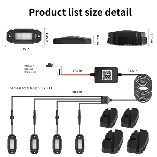 1ft Lighted Spiral RGB Fat LED Whip Light w/4 Pods RGB Rock Lights for ATV UTV - Picture 12 of 19