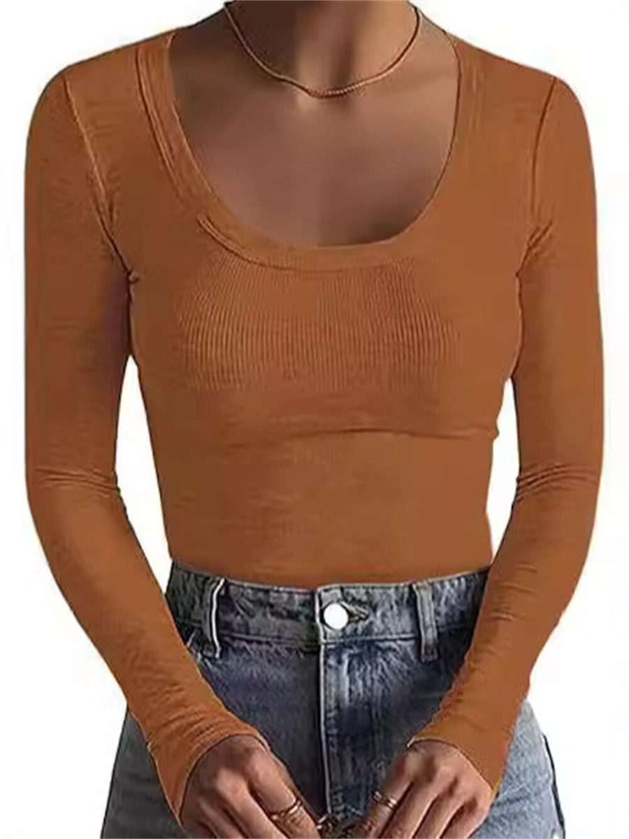 Women Fall Long Sleeve Lightweight Tops Ribbed Scoop Neck