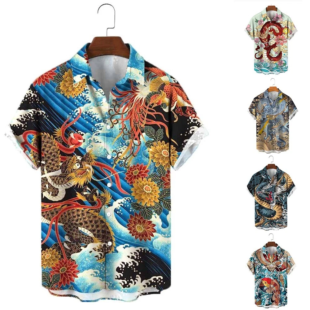 Casual Shirt for Men with Dragon Print and Short Sleeves for Beach Wear