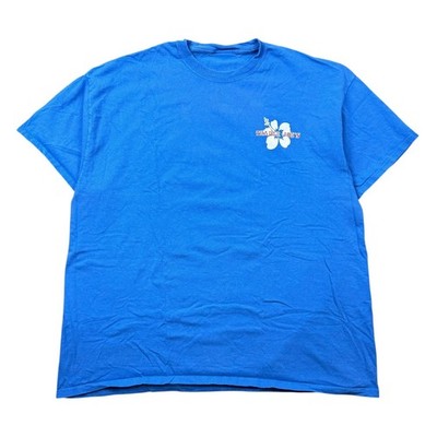 Trader Joes Shirt Men XXL Blue Short Sleeve Hawaiian Hibiscus Logo Grocery Store