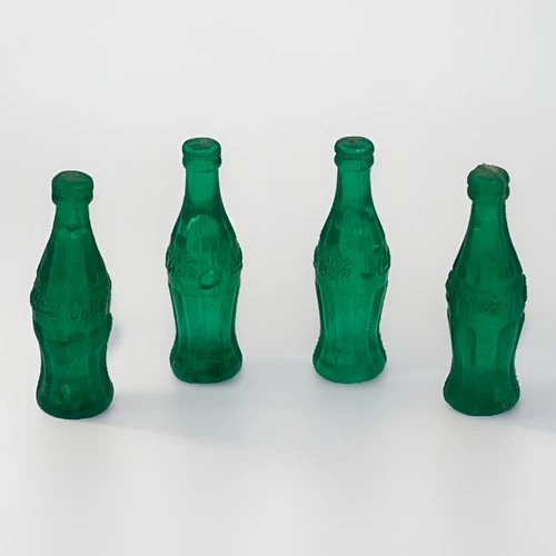 Vintage 1970s Mini Coca Cola green plastic bottles Soda Pop Set Of 4 Collectible