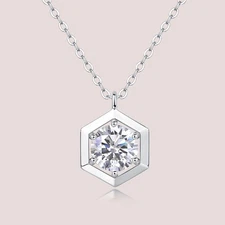 1ct D Color Moissanite Hexagonal Pendant Necklace Women 925 Sterling Silver Gift