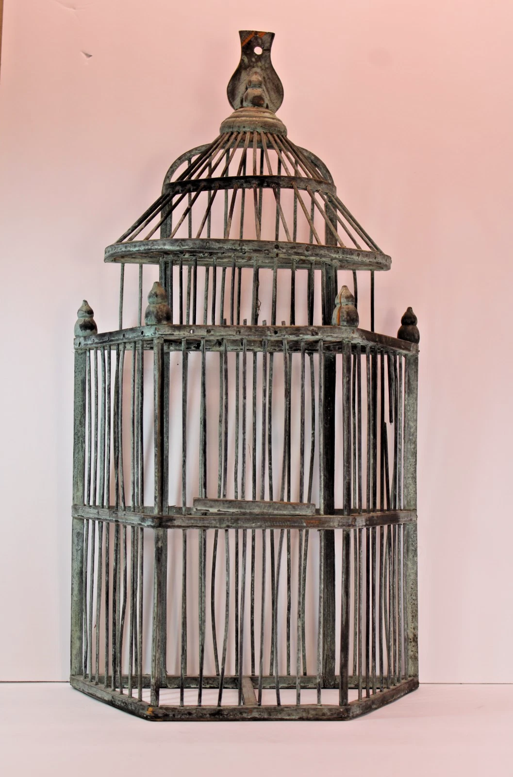 Vtg Victorian Wooden Domed Birdcage 24x12" Complete w Finneal Hangs Shappy Chic