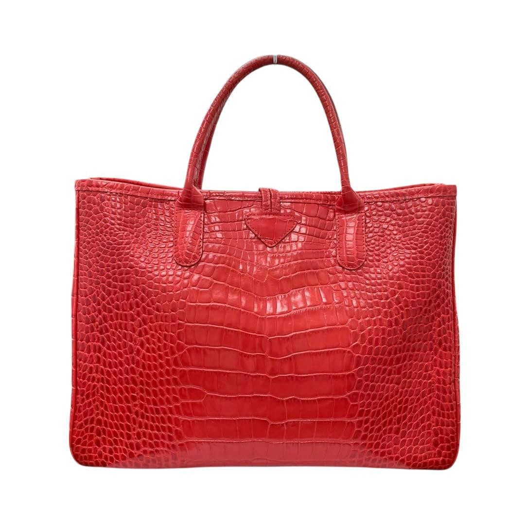Longchamp Rozo Tote Handbag Red Croc Embossed Leather 2000s Authentic image 6
