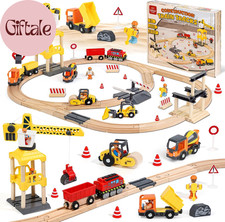 Wooden Train Set, Construction Toys Train Set for Toddlers 2-4, Wooden Train Tra