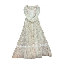 Vintage 1970s Prairie Lace Trim Floral Dress White Pink Green Size 8
