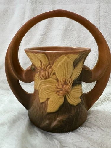 Roseville Pottery Clematis 1940s Brown Basket 387-7" Painted Flowers