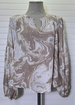 August Sky Anthropologie Beige Abstract Print Long Sleeve Blouse Top Size M