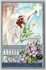 Easter Postcard Angel Blowing Trumpet on Balcony Flowers Cross DB Posted 1911
