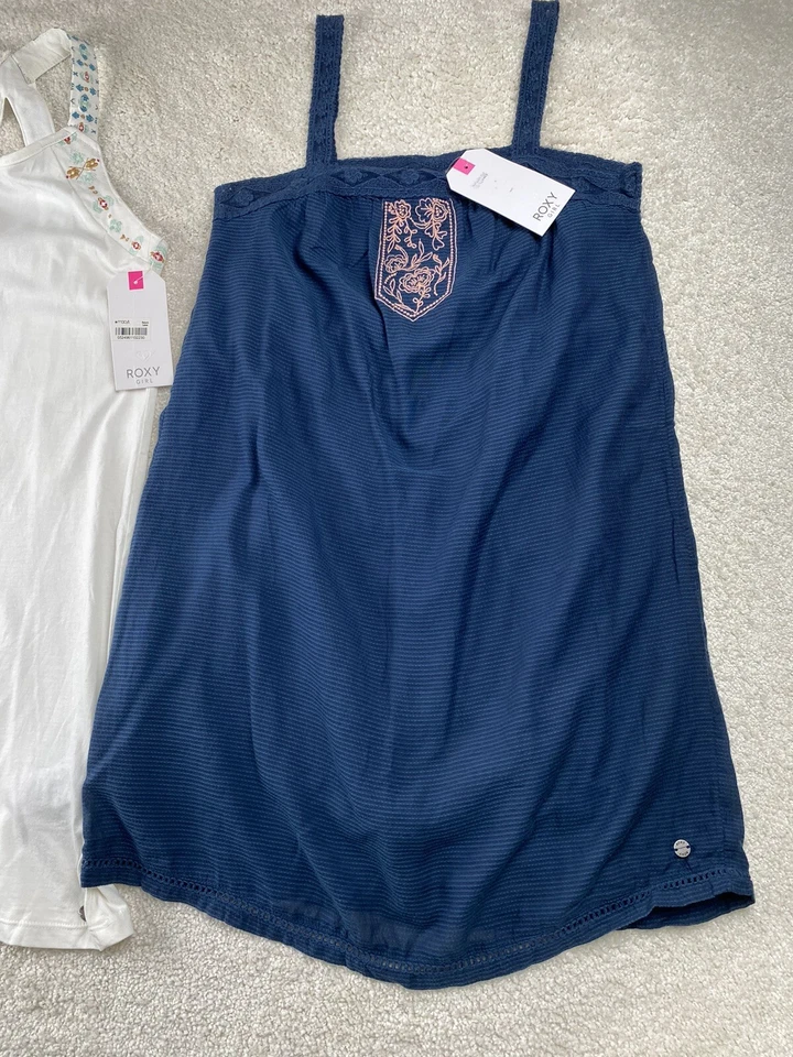 Vestido Roxy Niña Niñas Talla 12 L Azul Blanco Bordado Playa Solero Lote 2 NUEVO Foto 2 de 4