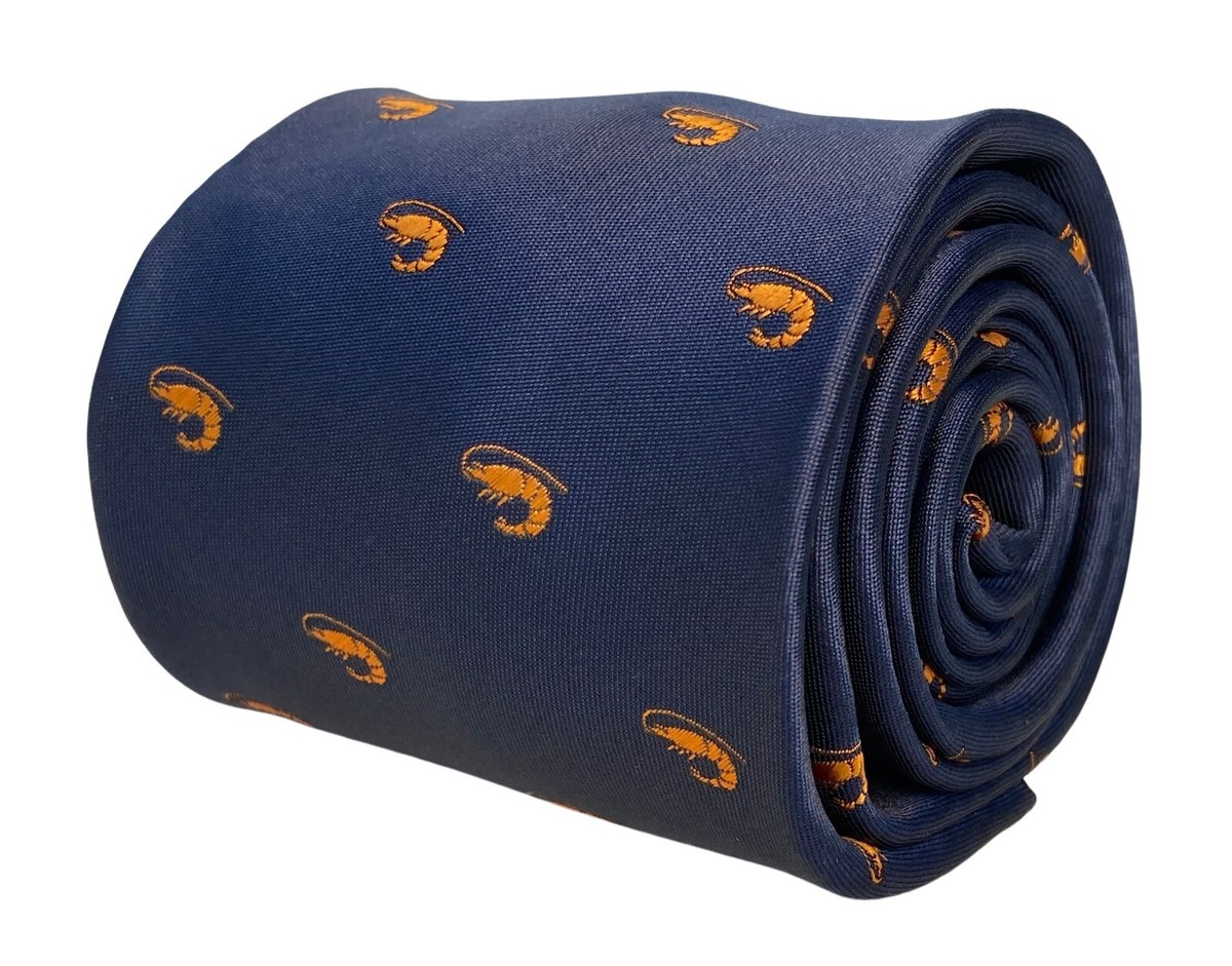 Cravate Designer Frederick Thomas – Motif Crustacés/shrimps Bleu Marine – Fait Main Au Royaume-Uni – Neuve Avec étiquettes