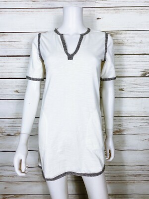 J Crew Womens Tunic Dress Sz XS White w/Marled Trim V-Neck Short Sleeve Pockets
