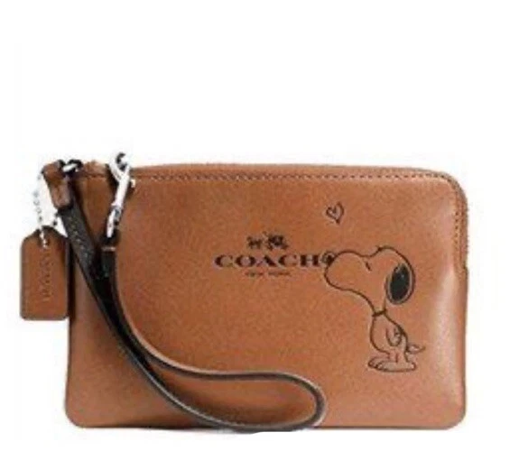 ?Portafoglio Coach X Peanuts Snoopy Kiss Zip Polso MARRONE Pelle Nuovo con etichette